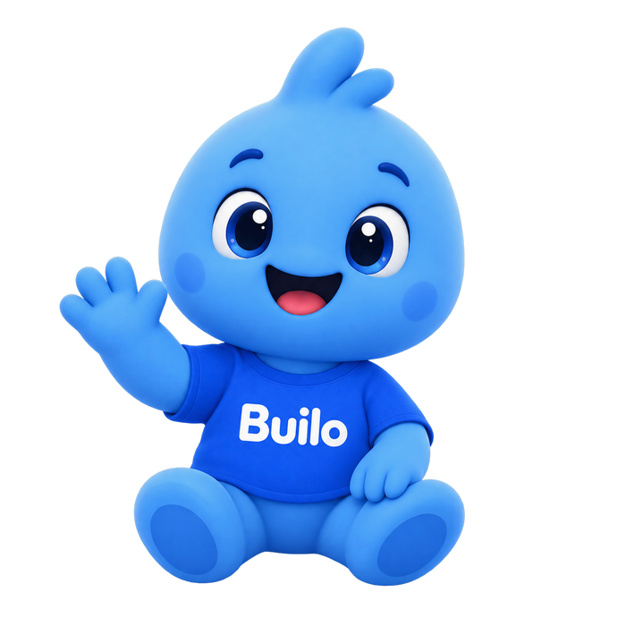 Blu sitting on top of the Builo logo, waving